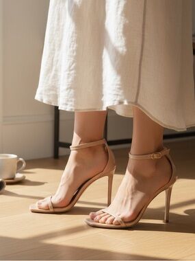 Stuart Weitzman Nudistsong Patent Ankle Strap Sandal Adobe Nude 10B NWOB